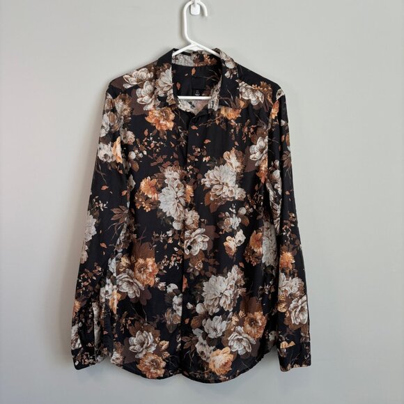 H&M Men's Size Large Button Down Bold Floral Print Black Brown Vintage Vibes - Picture 4 of 10